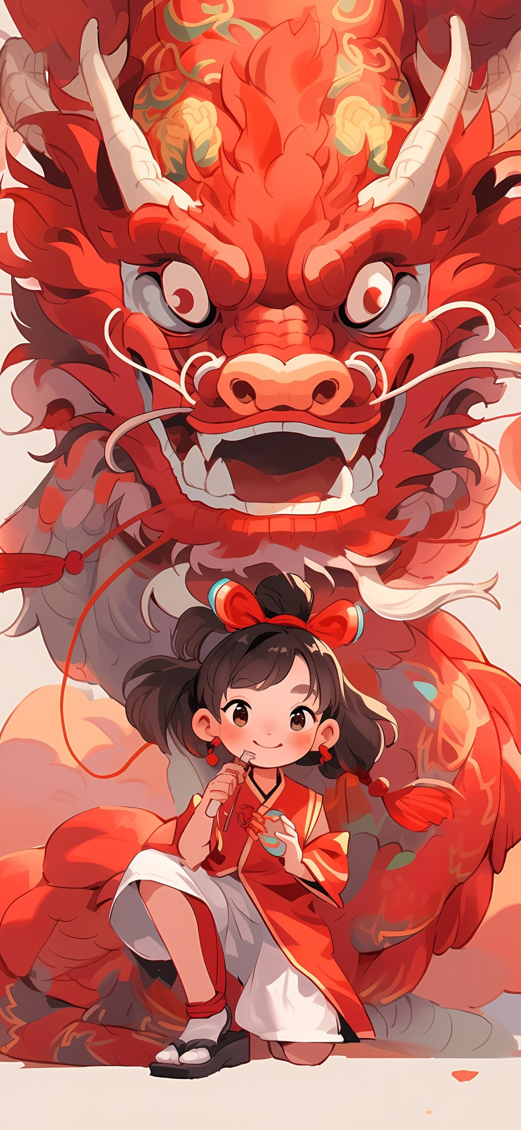 中国龙与小女孩卡通喜庆新年插画手机壁纸