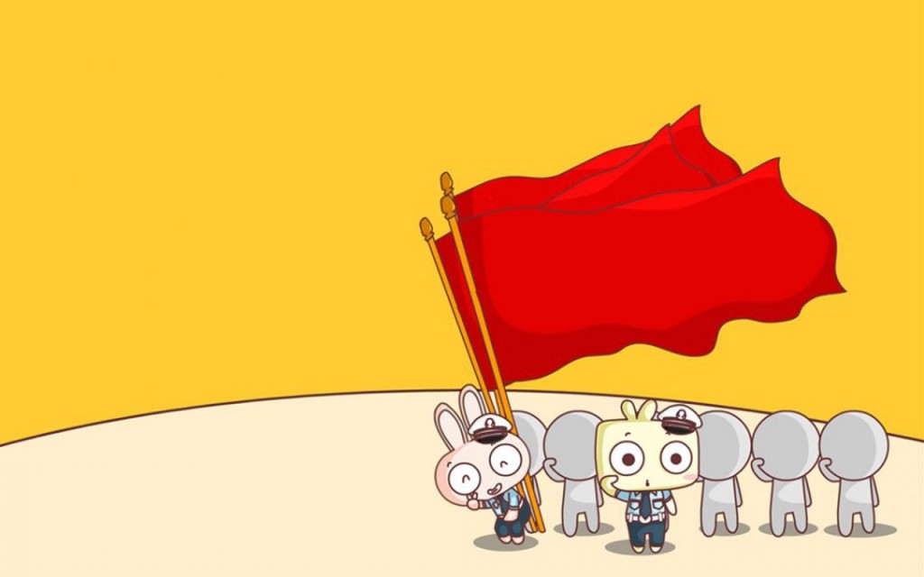 国庆节卡通人物高举红旗