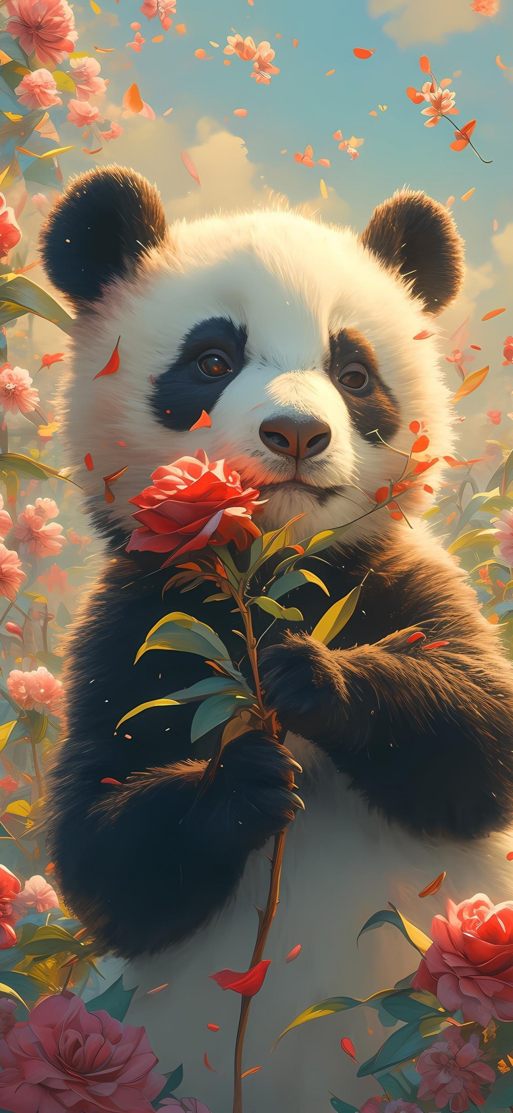 被鲜花包围的熊猫