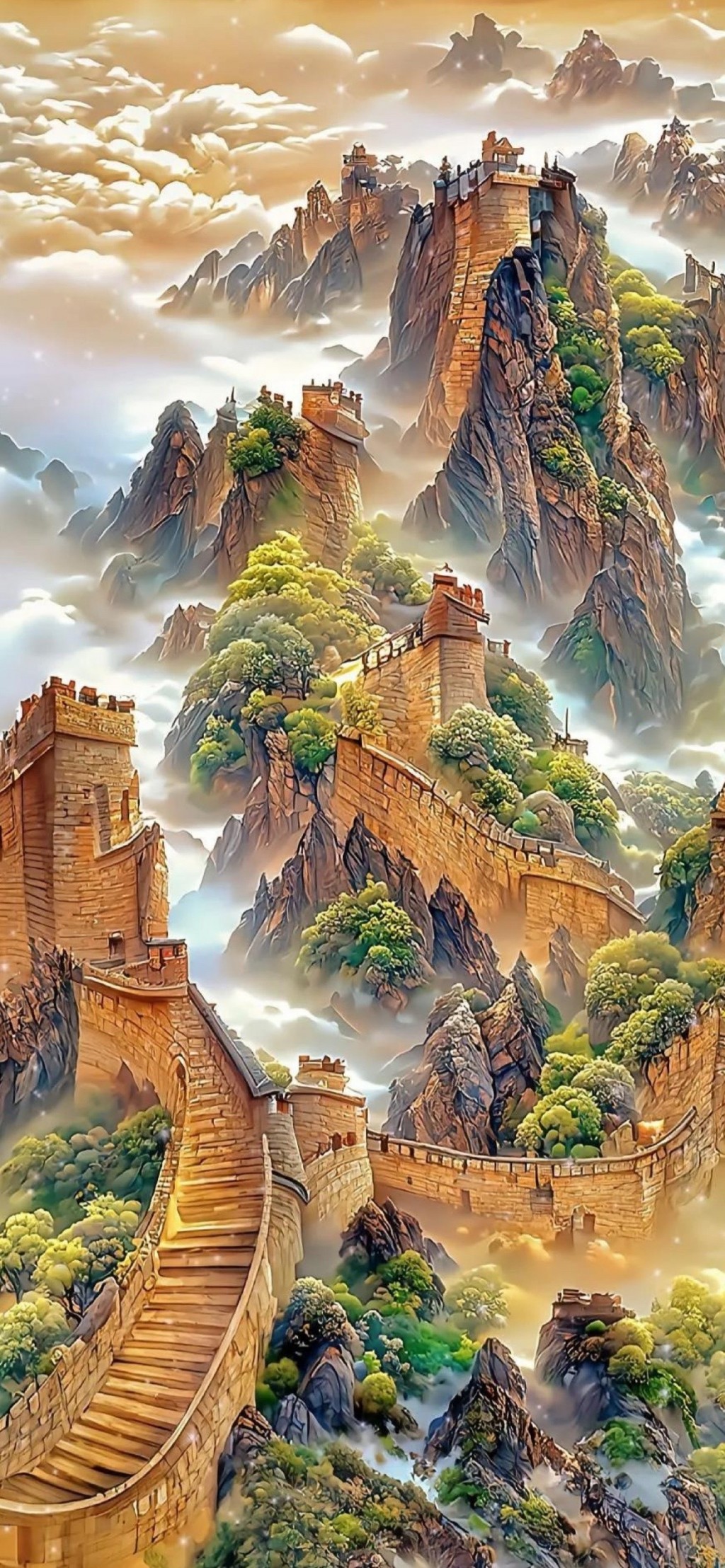 万里长城唯美彩绘风景插画手机壁纸