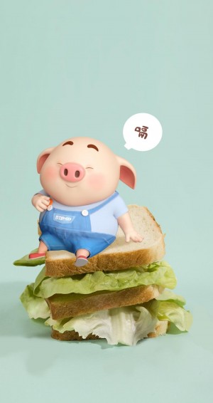 可爱小吃货猪小屁坐在三明治上