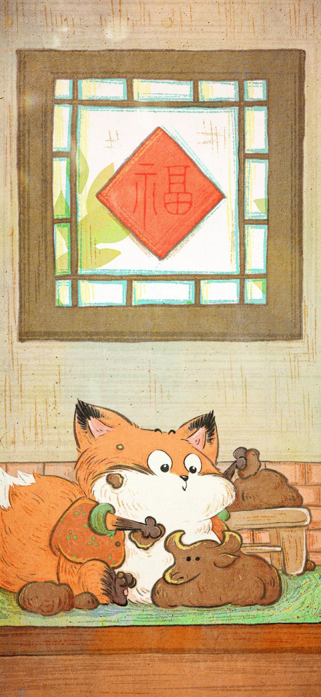 可爱的狐狸卡通插画手机壁纸