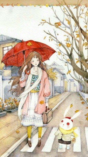 秋天，动漫大波浪美女撑伞走在马路上壁纸图片