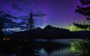 森林 晚上 湖 山 北极光 班夫国家公园 美丽的风景壁纸