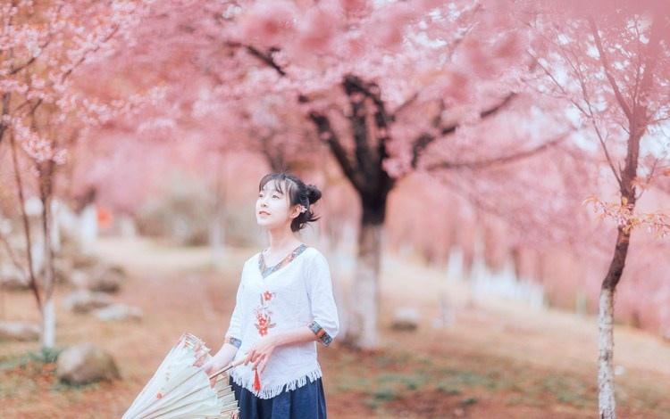 浪漫樱花树林里的清纯气质美少女写真