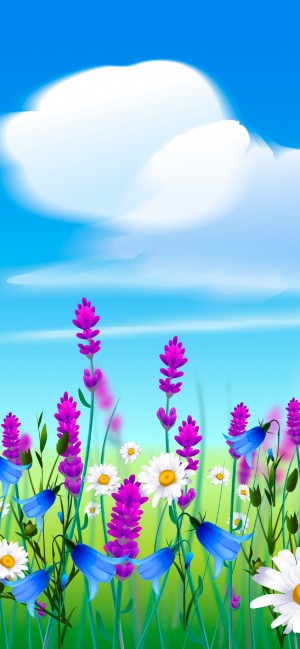清新蓝天白云下的花田手绘风景高清手机壁纸