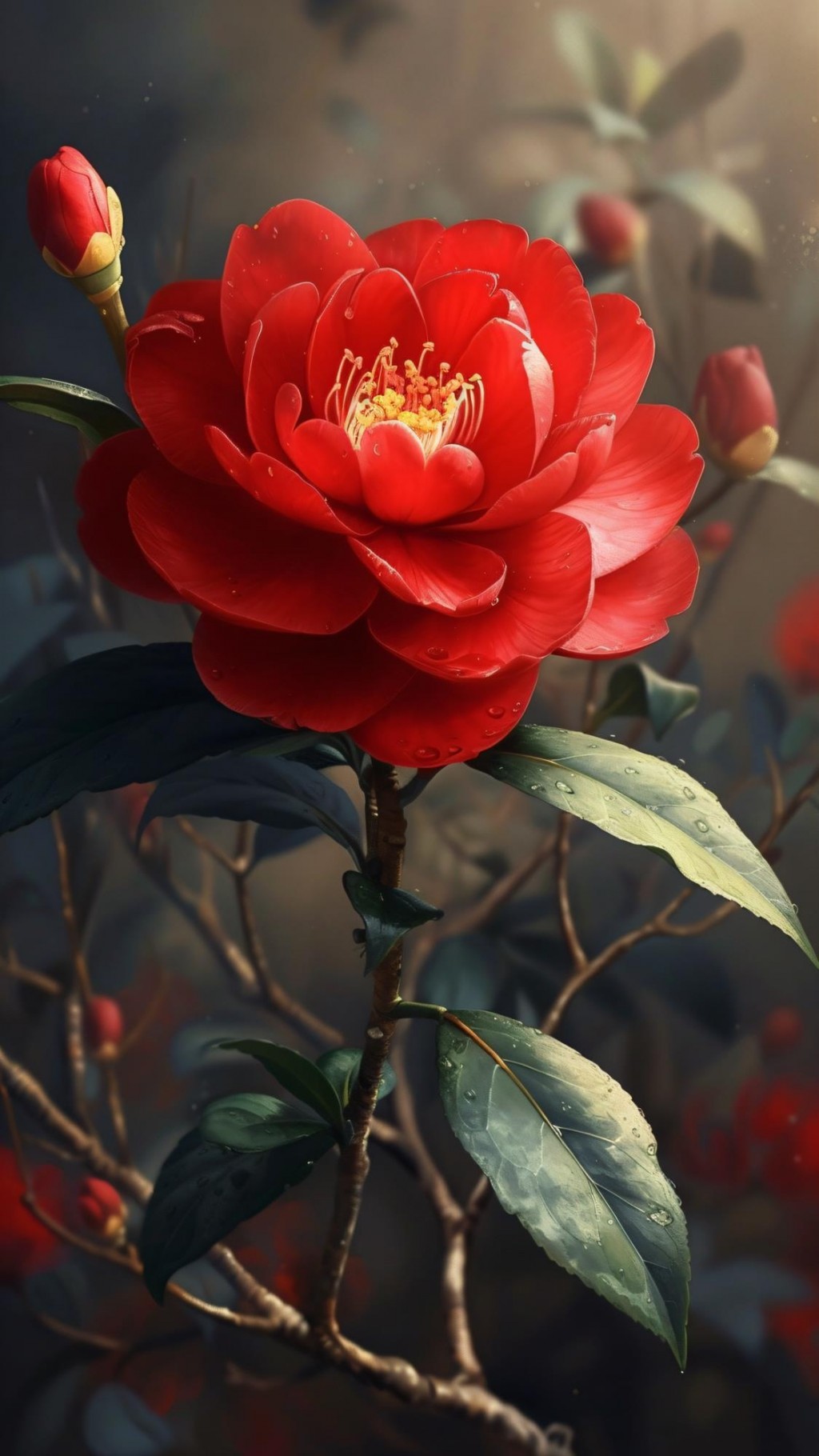 红色山茶花植物插画手机壁纸