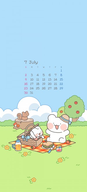 2023年7月清新可爱卡通插画日历手机壁纸