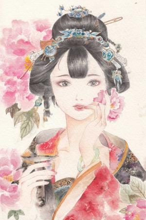 牡丹的花香手绘美女温婉可人插画图片