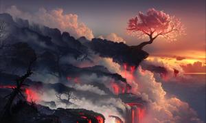 天空,云,火山,树,唯美艺术,风景壁纸
