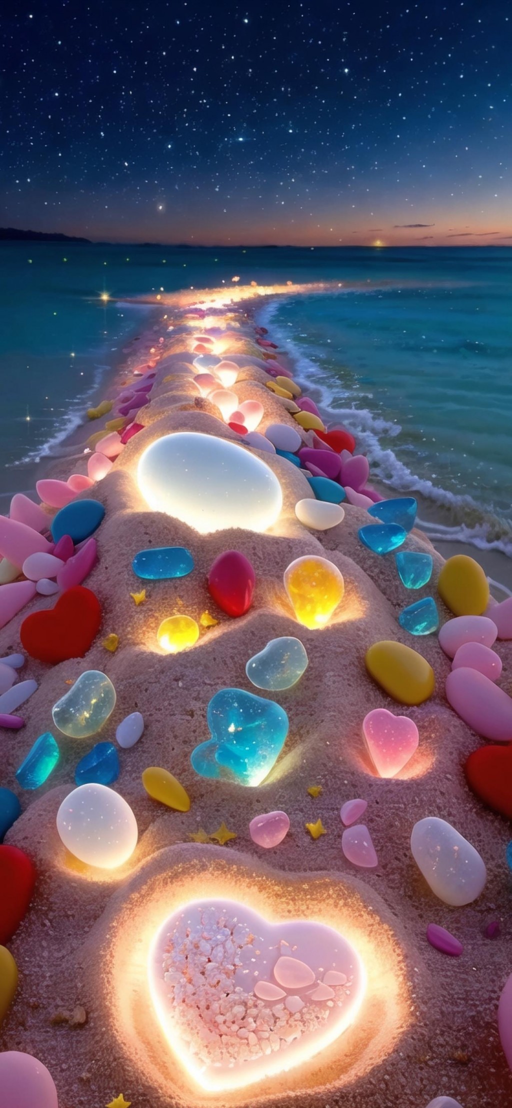 海边闪亮心型鹅卵石风景手机壁纸