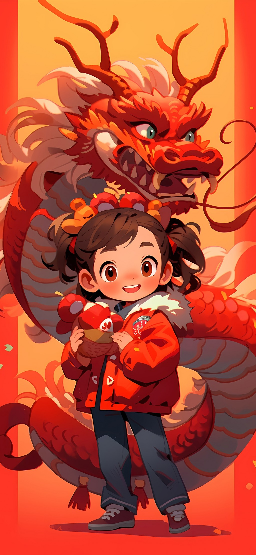 中国龙与小女孩卡通喜庆新年插画手机壁纸