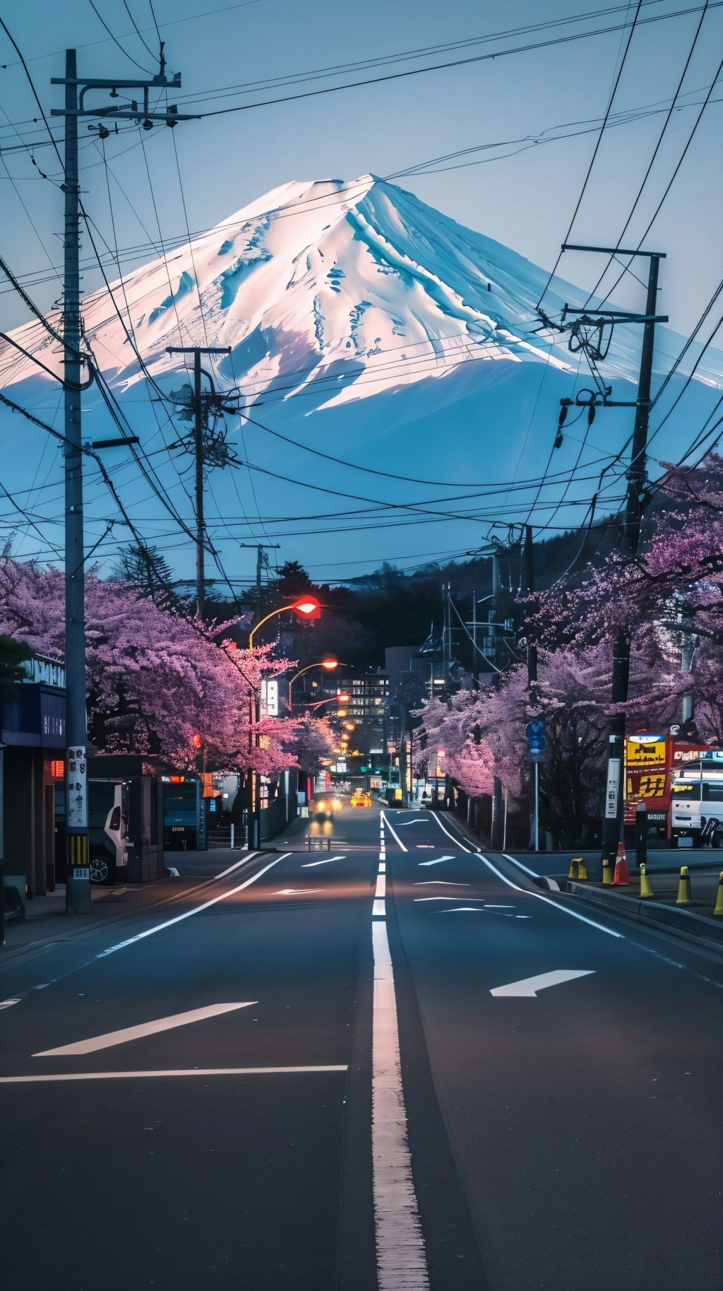 富士山下樱花道路风景手机壁纸