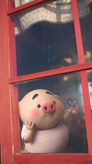 春节窗户上画爱心的猪小屁