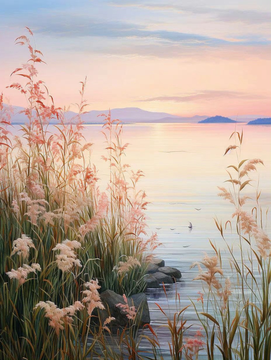 湖边芦苇夕阳风景手机壁纸
