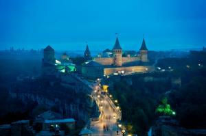 夜晚,桥梁,塔,路灯,乌克兰,城堡,城市风景图片