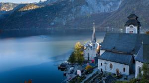 奥地利哈尔施塔特 山 湖 阿尔卑斯 风景图片