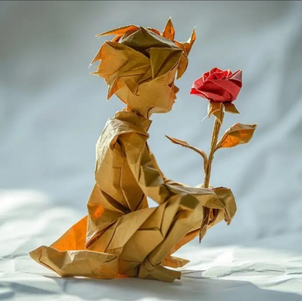 拿着玫瑰花等待的男孩折纸艺术图片