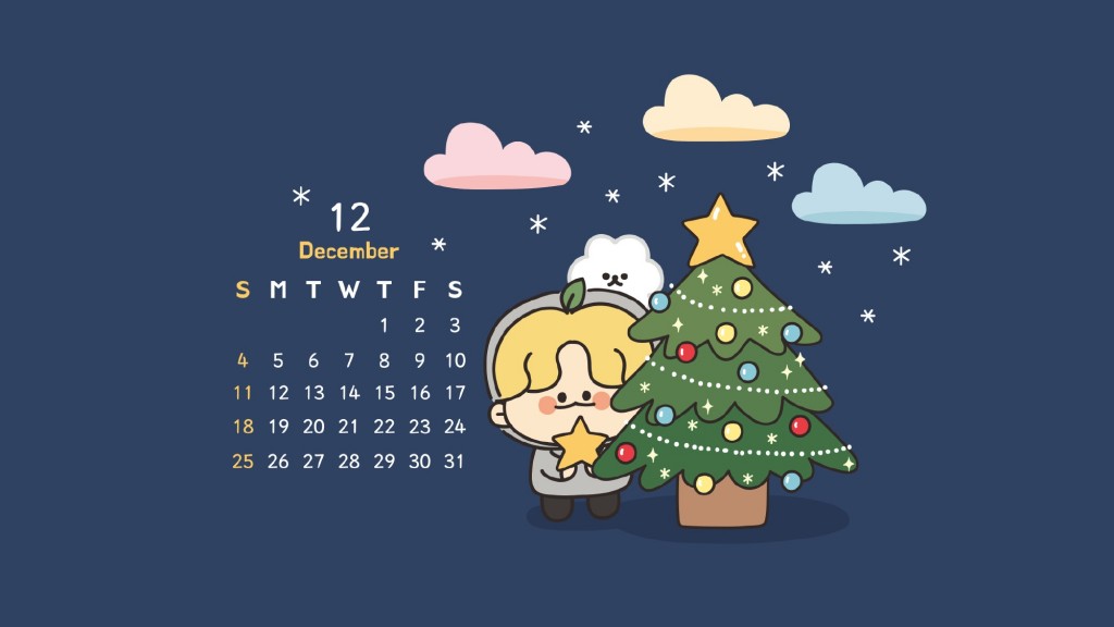 2022年12月圣诞元素卡通日历电脑壁纸