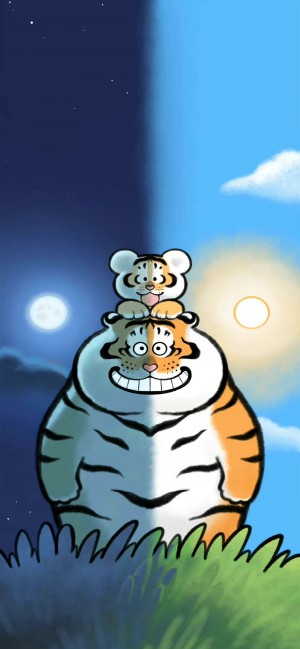 超可爱的胖虎手绘插画手机壁纸