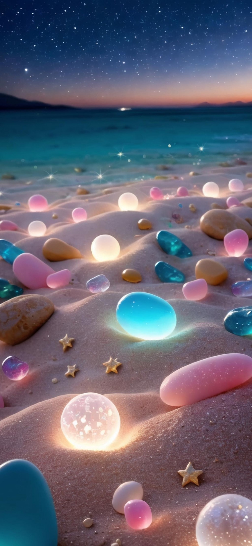 海边闪亮心型鹅卵石风景手机壁纸