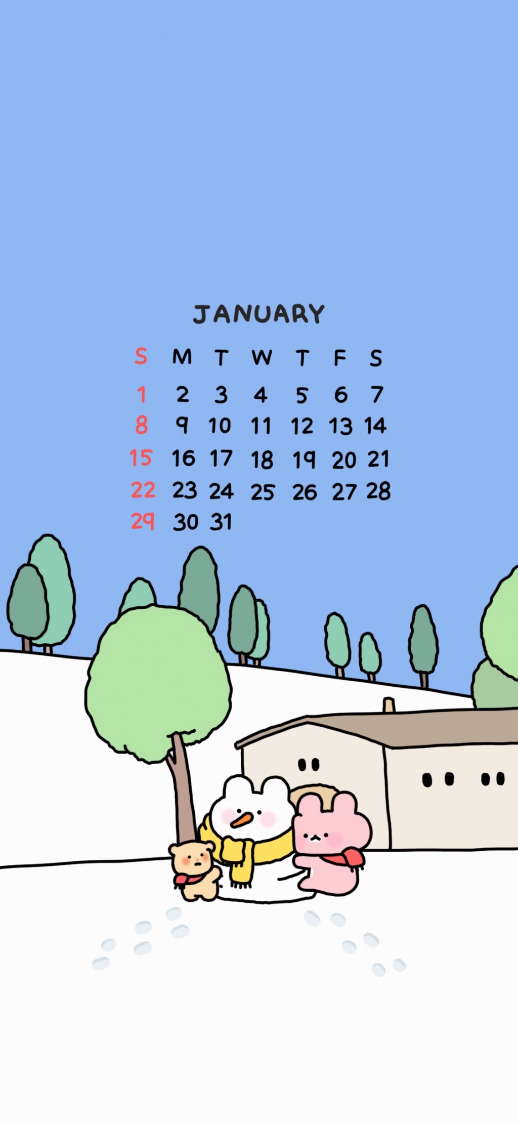 2023年1月可爱卡通日历手机壁纸