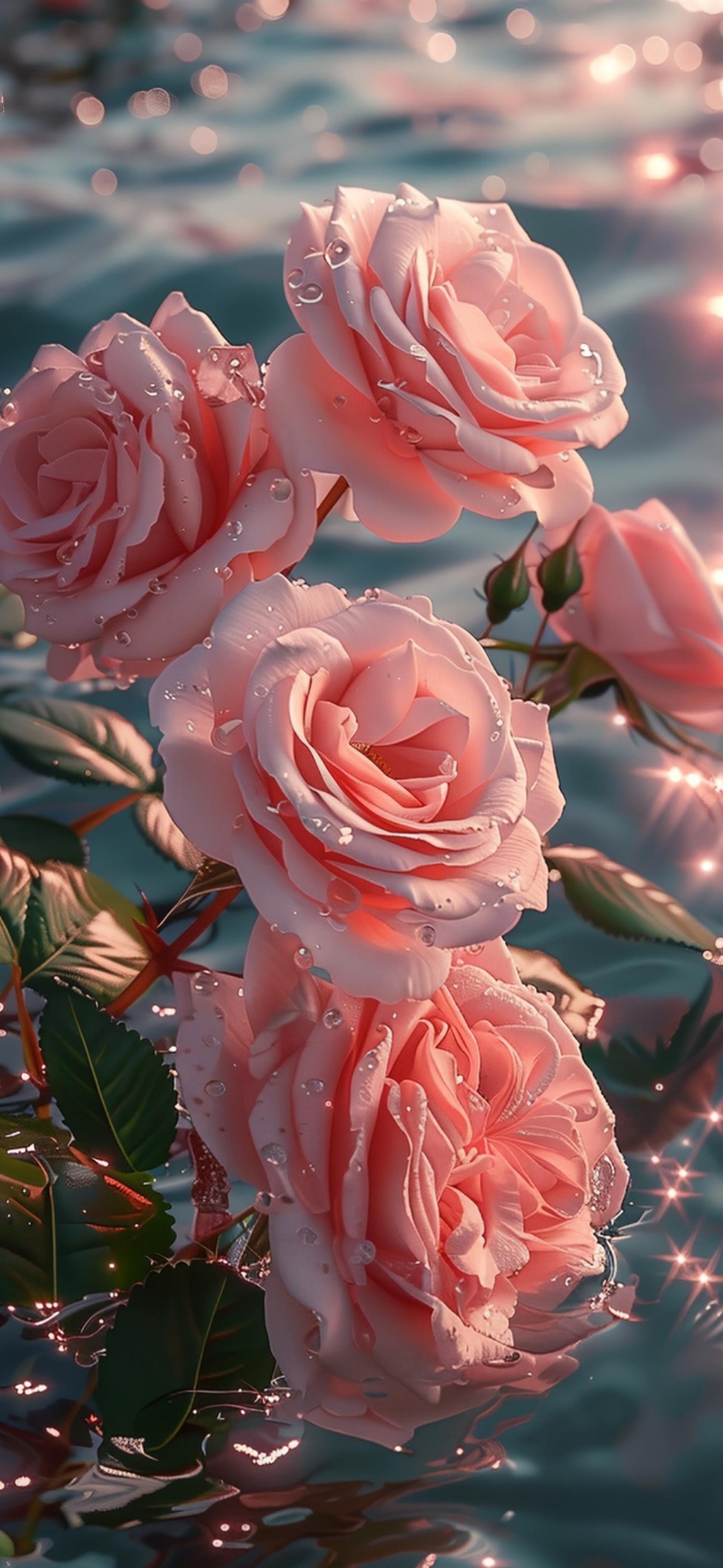 水上粉色玫瑰唯美花朵手机壁纸