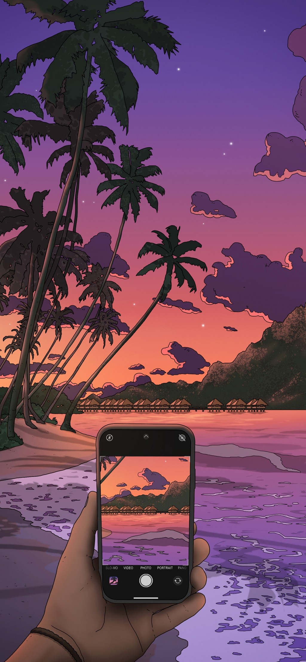紫色天空手绘风景手机壁纸