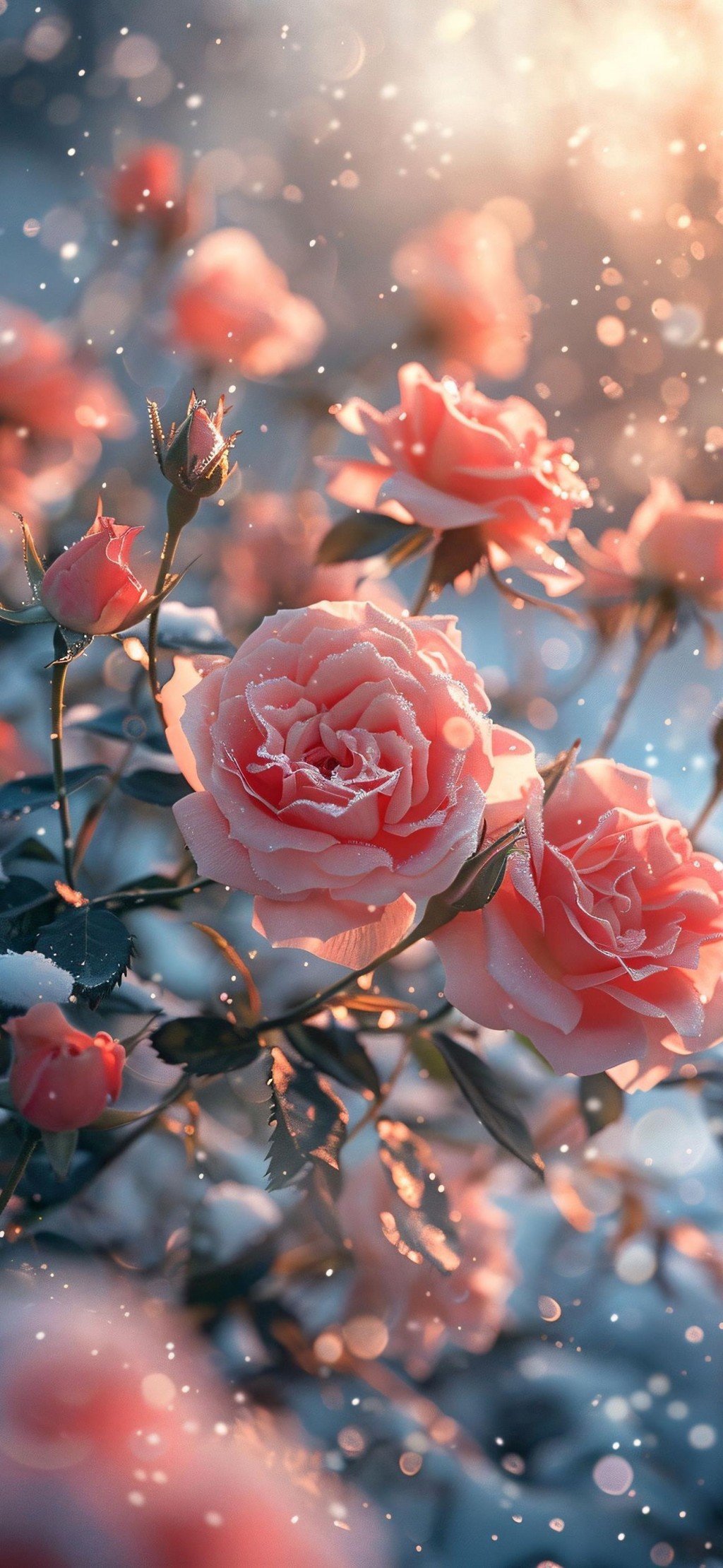 浪漫雪地粉色玫瑰花海手机壁纸