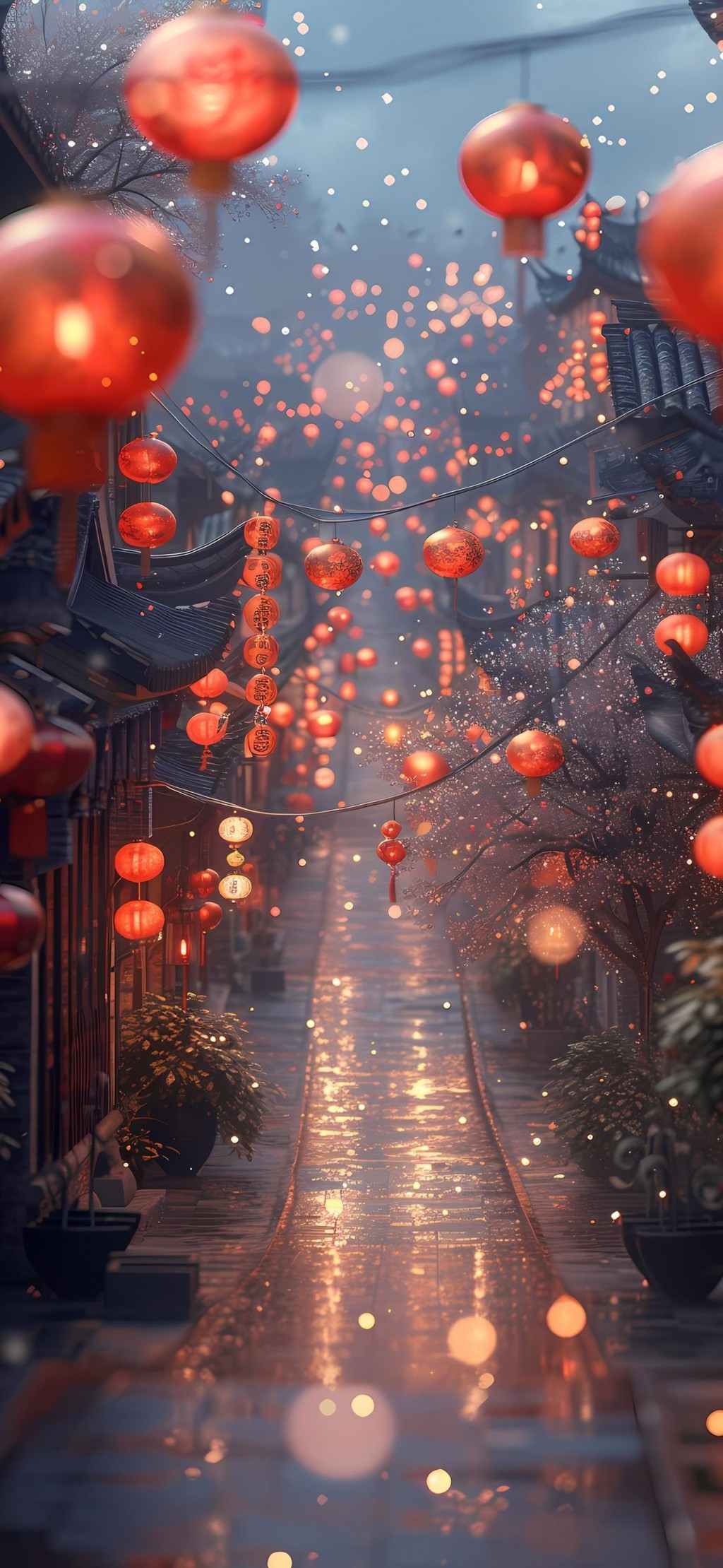 2024新年灯笼长街红色喜庆春节氛围感手机壁纸