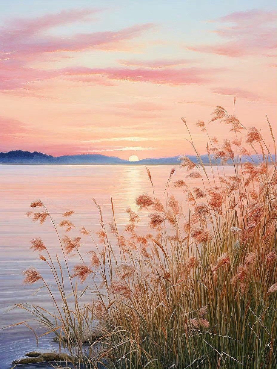 湖边芦苇夕阳风景手机壁纸
