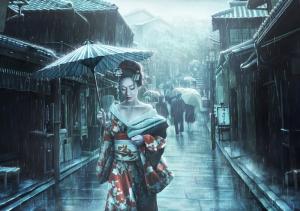 日本艺伎街头撑伞唯美图片