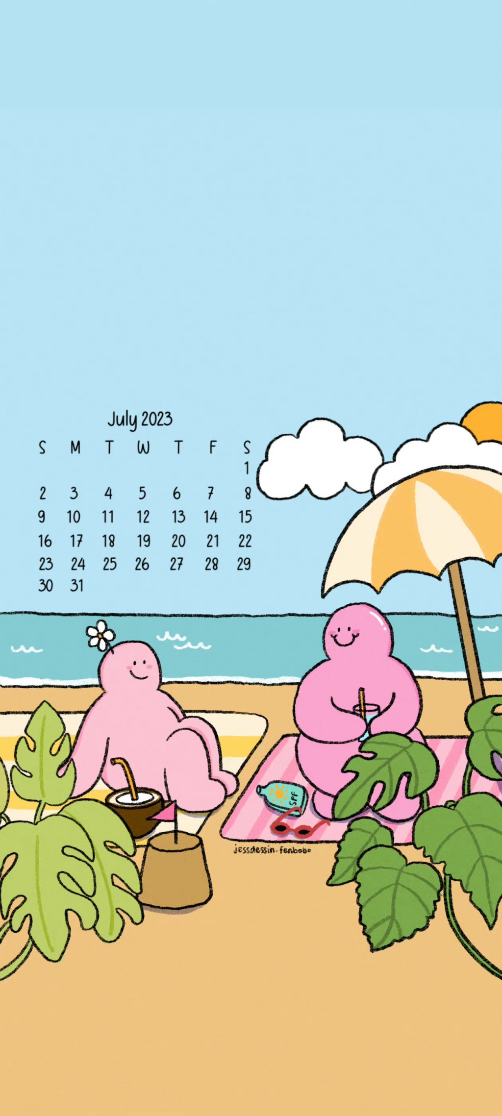 2023年7月可爱手绘插画日历手机壁纸