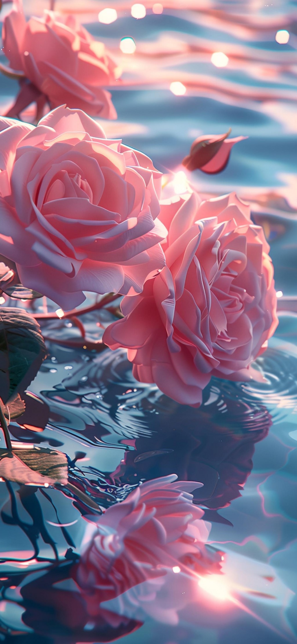 水上粉色玫瑰唯美花朵手机壁纸