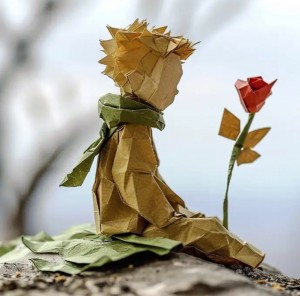 拿着玫瑰花等待的男孩折纸艺术图片