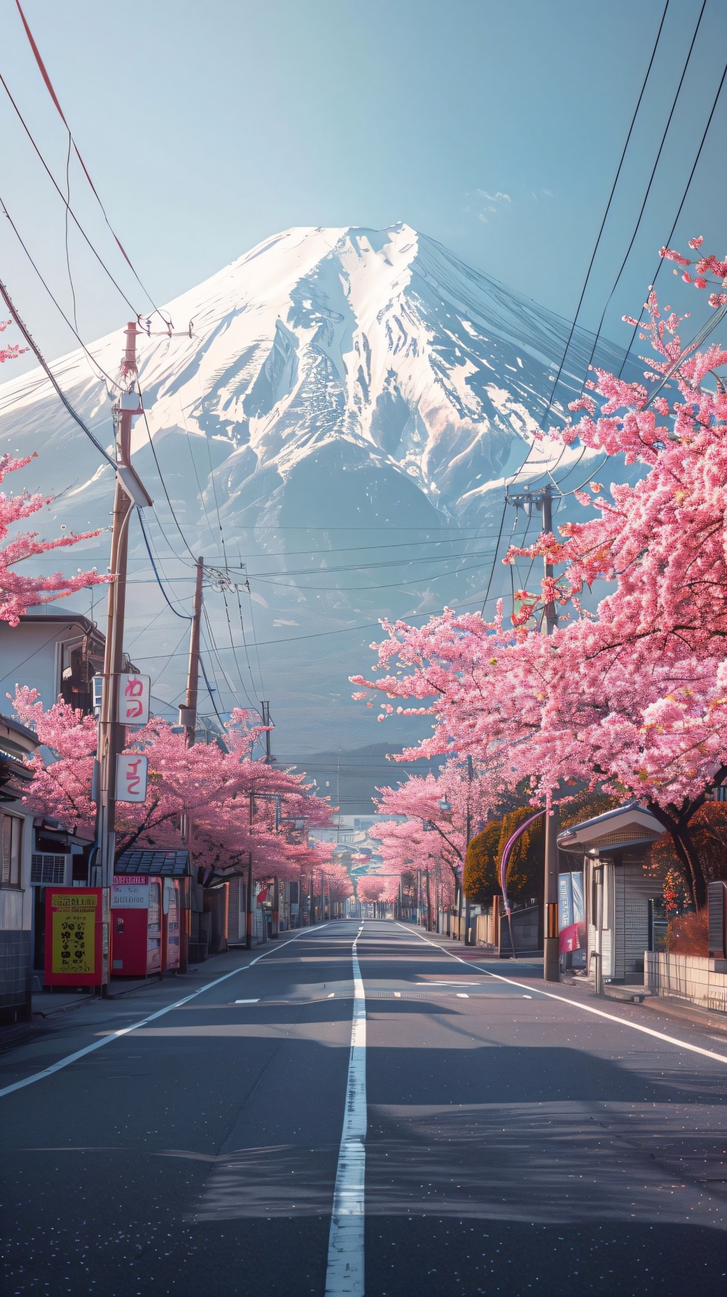富士山下樱花道路风景手机壁纸