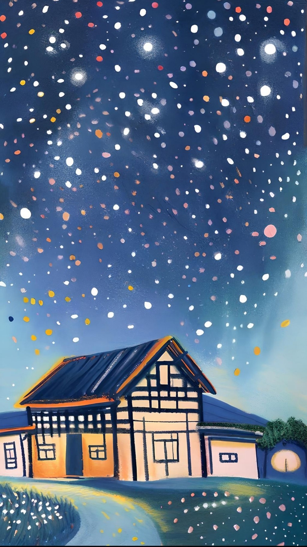 星空下的农家小院治愈风景插画手机壁纸